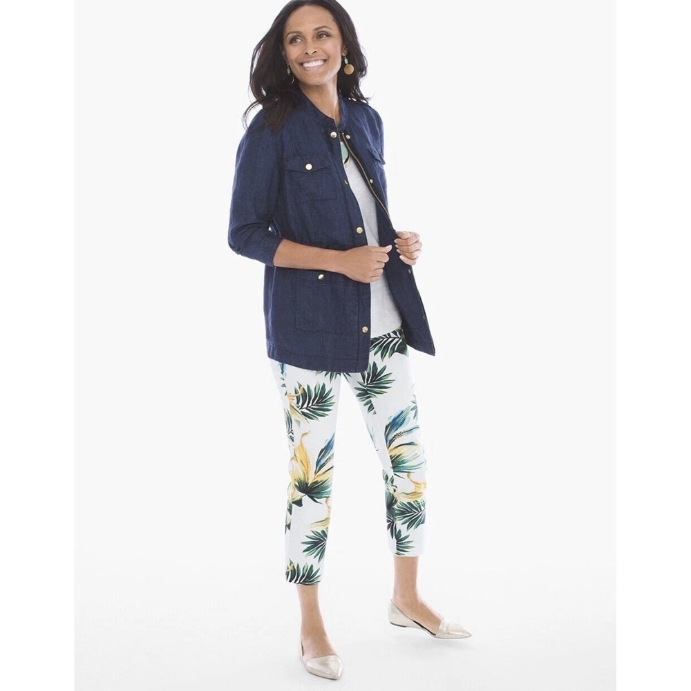 Chicos Indigo Utility Jacket Soft Denim Women Sz 1 M 8/10 100% Linen Blue